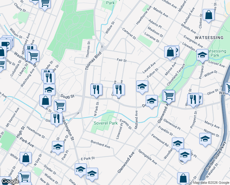 map of restaurants, bars, coffee shops, grocery stores, and more near 10 Charles Street in East Orange