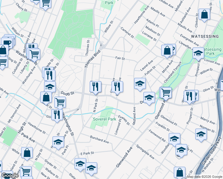map of restaurants, bars, coffee shops, grocery stores, and more near 10 Charles Street in East Orange