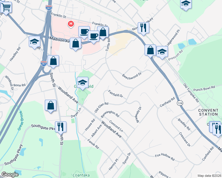 map of restaurants, bars, coffee shops, grocery stores, and more near 15 Connie Place in Morristown