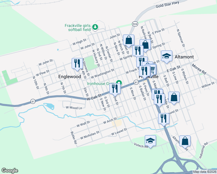 map of restaurants, bars, coffee shops, grocery stores, and more near 2 South 2nd Street in Frackville