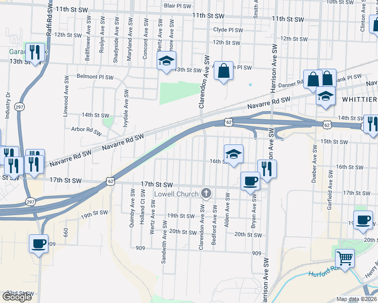 map of restaurants, bars, coffee shops, grocery stores, and more near 1508 Frederick Avenue Southwest in Canton