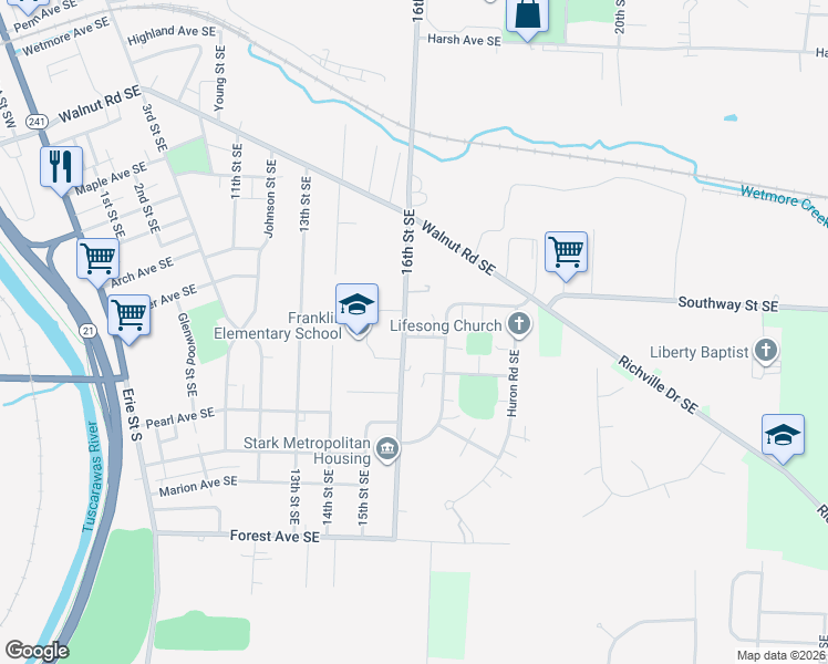 map of restaurants, bars, coffee shops, grocery stores, and more near 1225 16th Street Southeast in Massillon