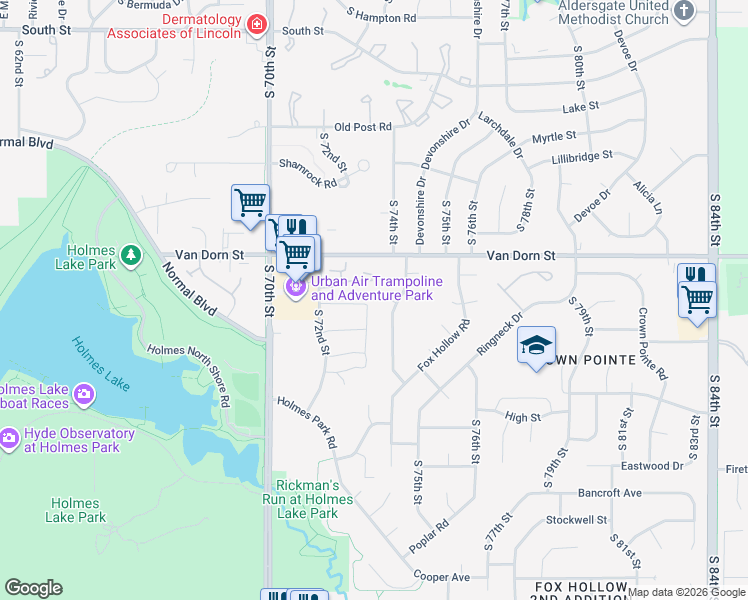 map of restaurants, bars, coffee shops, grocery stores, and more near 2920 South 72nd Street in Lincoln