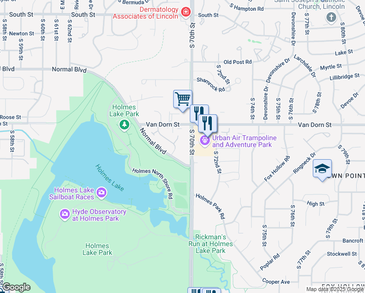 map of restaurants, bars, coffee shops, grocery stores, and more near 2845 South 70th Street in Lincoln