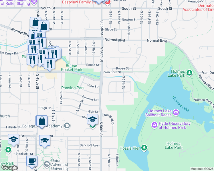 map of restaurants, bars, coffee shops, grocery stores, and more near 2901 South 57th Street in Lincoln