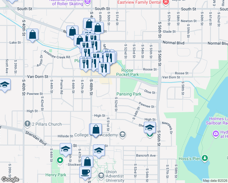 map of restaurants, bars, coffee shops, grocery stores, and more near 2832 South 51st Street Court in Lincoln