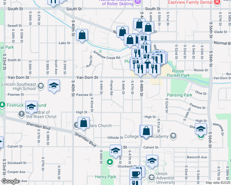map of restaurants, bars, coffee shops, grocery stores, and more near 4530 Meadow Lane in Lincoln