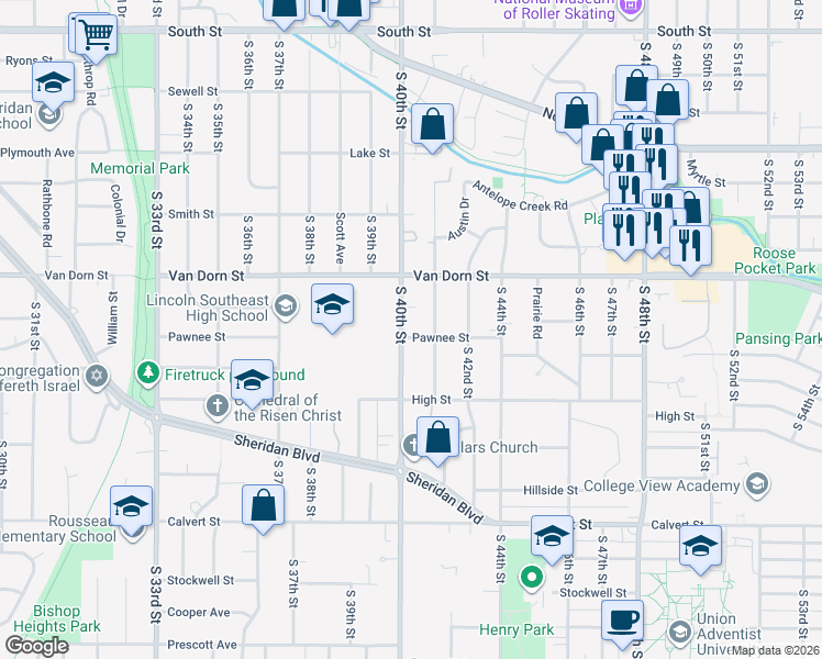 map of restaurants, bars, coffee shops, grocery stores, and more near 2844 South 40th Street in Lincoln