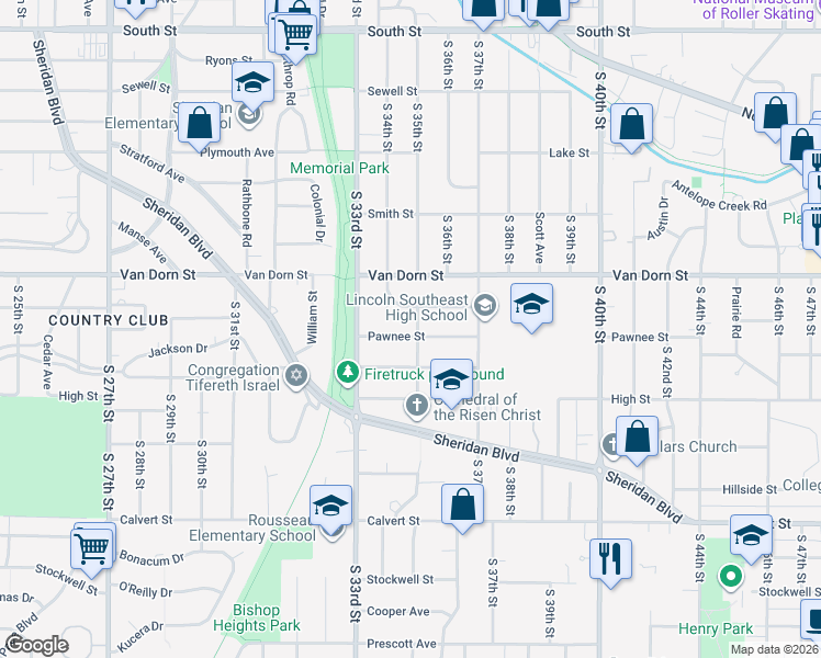 map of restaurants, bars, coffee shops, grocery stores, and more near 3500 Otoe Street in Lincoln