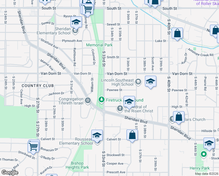 map of restaurants, bars, coffee shops, grocery stores, and more near 2839 South 34th Street in Lincoln