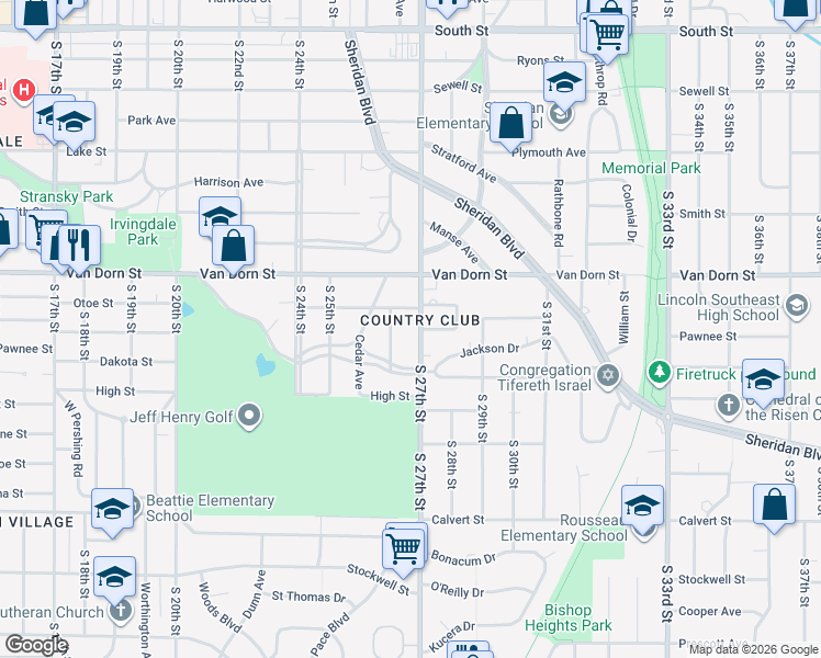 map of restaurants, bars, coffee shops, grocery stores, and more near 2845 South 27th Street in Lincoln