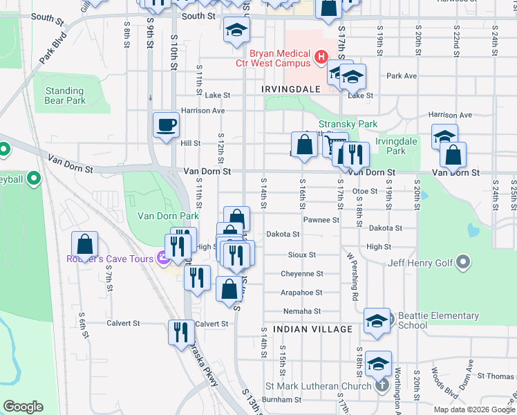 map of restaurants, bars, coffee shops, grocery stores, and more near 1338 Otoe Street in Lincoln