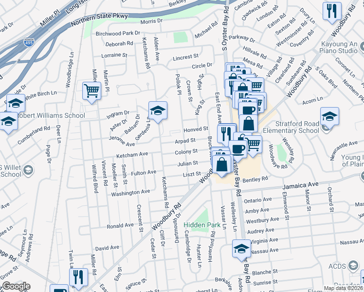map of restaurants, bars, coffee shops, grocery stores, and more near 94 Pollok Place in Hicksville