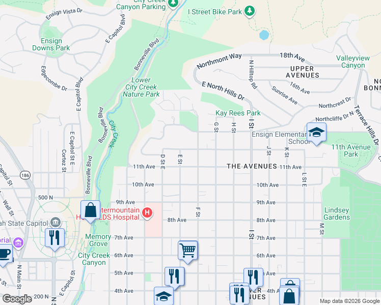 map of restaurants, bars, coffee shops, grocery stores, and more near 418-420 East 12th Avenue in Salt Lake City