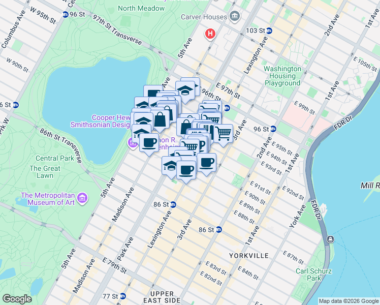 map of restaurants, bars, coffee shops, grocery stores, and more near 1147 Park Avenue in New York