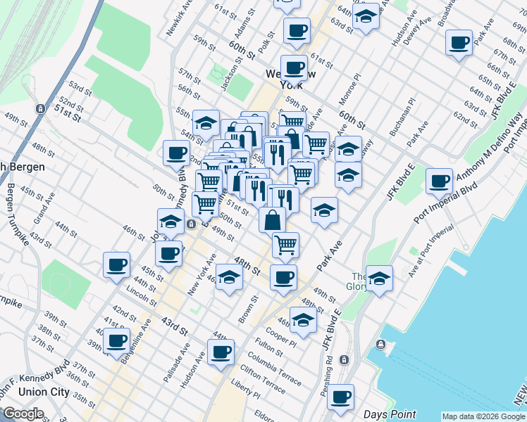 map of restaurants, bars, coffee shops, grocery stores, and more near in West New York