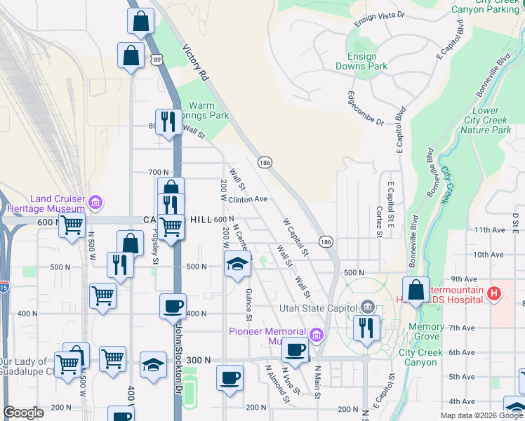 map of restaurants, bars, coffee shops, grocery stores, and more near 622 Wall Street in Salt Lake City