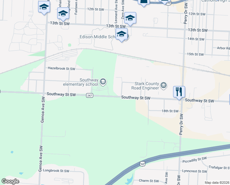 map of restaurants, bars, coffee shops, grocery stores, and more near 1633 Westdale Avenue Southwest in Massillon