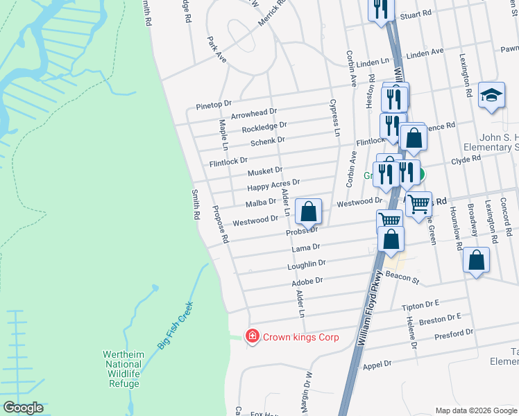 map of restaurants, bars, coffee shops, grocery stores, and more near 14 Happy Acres Drive in Shirley