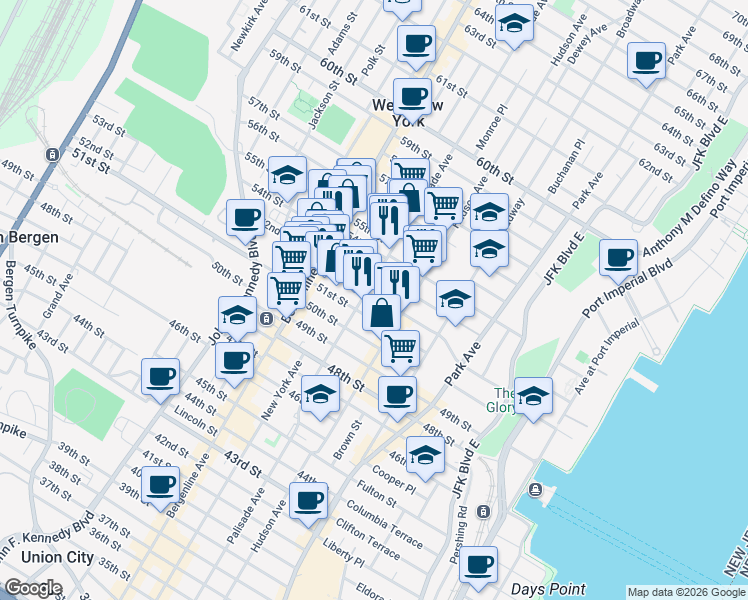 map of restaurants, bars, coffee shops, grocery stores, and more near in West New York