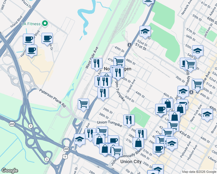 map of restaurants, bars, coffee shops, grocery stores, and more near 1821 44th Street in North Bergen