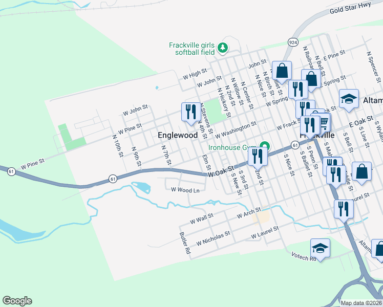 map of restaurants, bars, coffee shops, grocery stores, and more near 61 North 5th Street in Frackville
