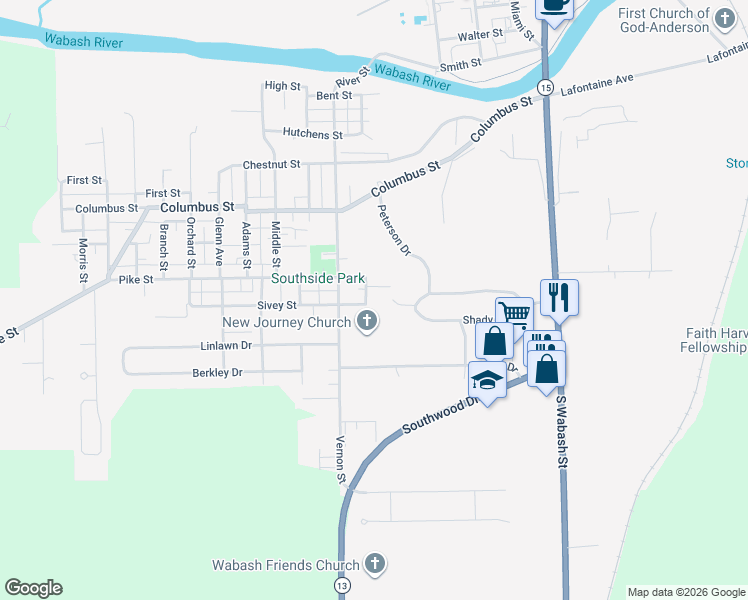 map of restaurants, bars, coffee shops, grocery stores, and more near 300 Cherry Tree Lane in Wabash
