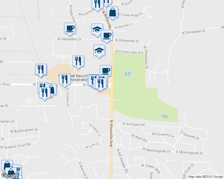 map of restaurants, bars, coffee shops, grocery stores, and more near 7658 North Knoxville Avenue in Peoria