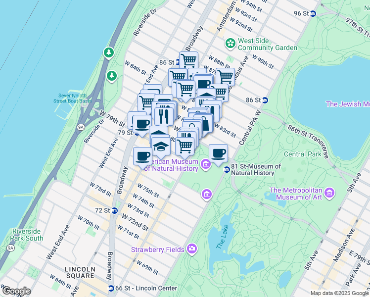 map of restaurants, bars, coffee shops, grocery stores, and more near 126 West 80th Street in New York