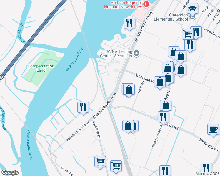 map of restaurants, bars, coffee shops, grocery stores, and more near 5 Harmon Cove Tower in Secaucus