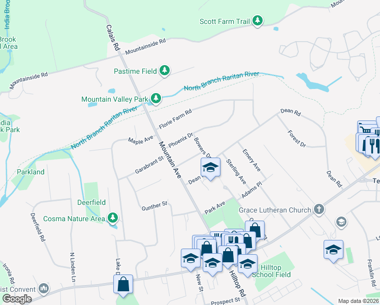 map of restaurants, bars, coffee shops, grocery stores, and more near 10 Bowers Drive in Mendham