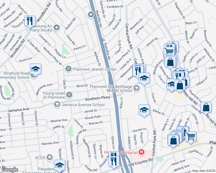 map of restaurants, bars, coffee shops, grocery stores, and more near 19 Wallace Drive in Plainview