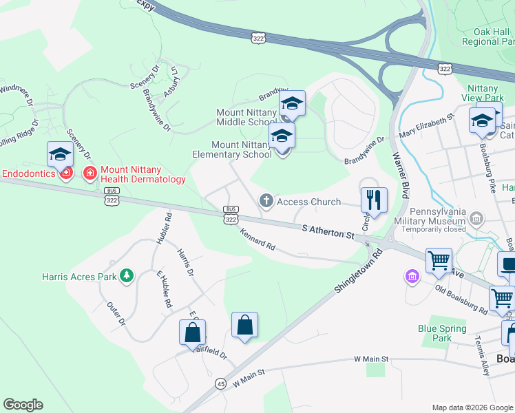 map of restaurants, bars, coffee shops, grocery stores, and more near 124 Villa Crest Drive in State College