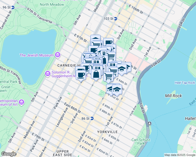 map of restaurants, bars, coffee shops, grocery stores, and more near 1660 3rd Avenue in New York