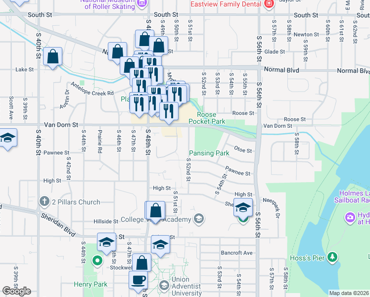 map of restaurants, bars, coffee shops, grocery stores, and more near 2832 South 51st Street Court in Lincoln