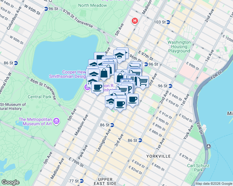 map of restaurants, bars, coffee shops, grocery stores, and more near 1125 Park Avenue in New York