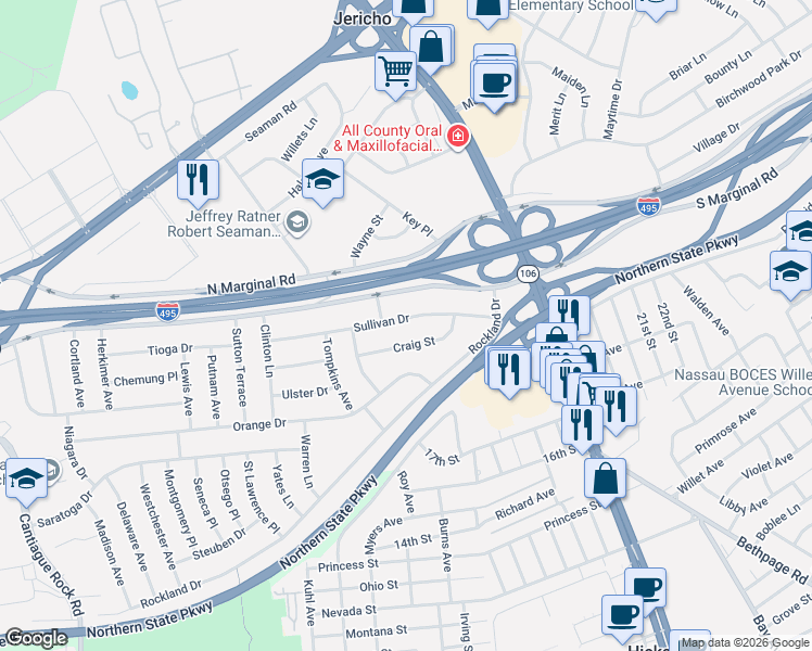 map of restaurants, bars, coffee shops, grocery stores, and more near 18 Sullivan Drive in Jericho