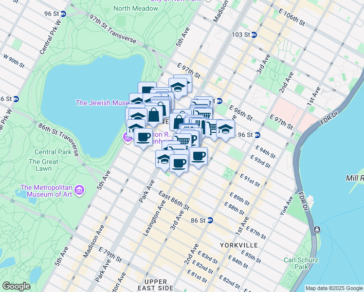 map of restaurants, bars, coffee shops, grocery stores, and more near 114 East 91st Street in New York