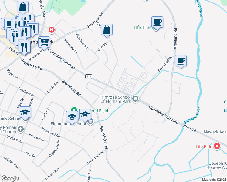 map of restaurants, bars, coffee shops, grocery stores, and more near 106 Crescent Road in Florham Park