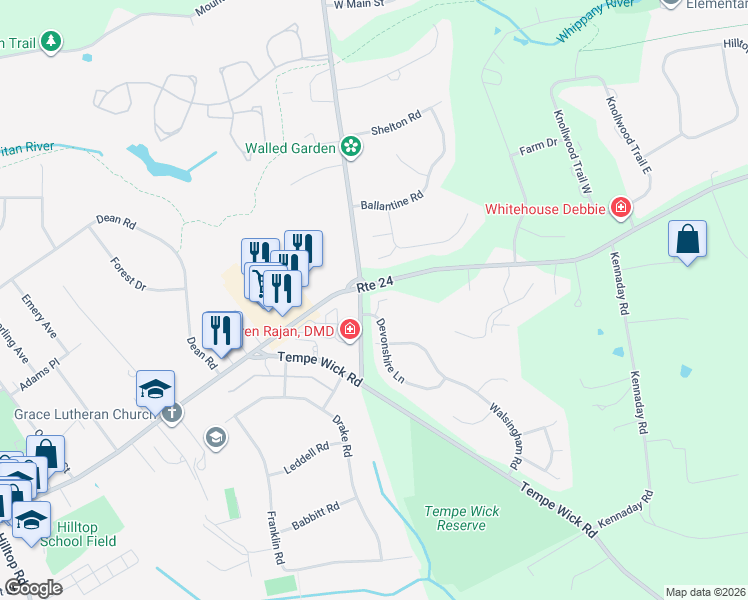 map of restaurants, bars, coffee shops, grocery stores, and more near 12 D Boundary Oak Lane in Mendham