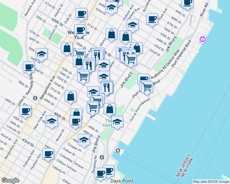 map of restaurants, bars, coffee shops, grocery stores, and more near 5601-15 Park Avenue in West New York