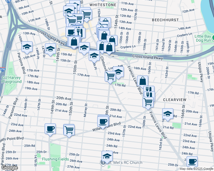 map of restaurants, bars, coffee shops, grocery stores, and more near 151-80 17th Road in Queens