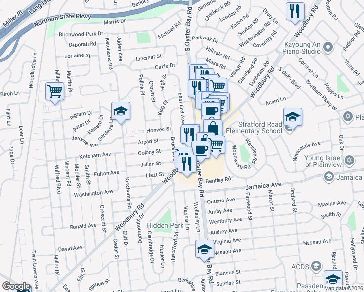 map of restaurants, bars, coffee shops, grocery stores, and more near 32 East End Avenue in Hicksville