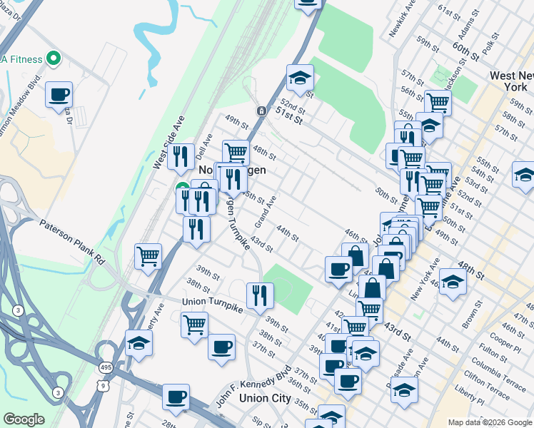 map of restaurants, bars, coffee shops, grocery stores, and more near 1500 45th Street in North Bergen