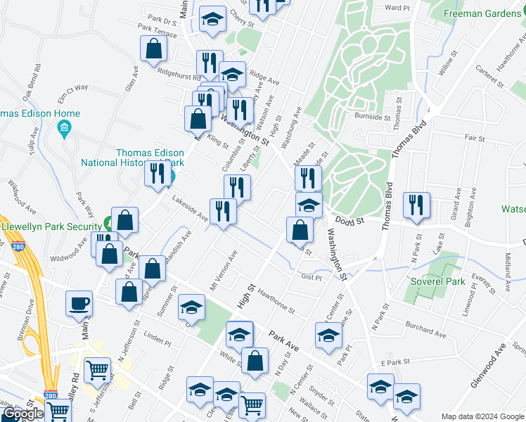 map of restaurants, bars, coffee shops, grocery stores, and more near 274 Watchung Avenue in West Orange