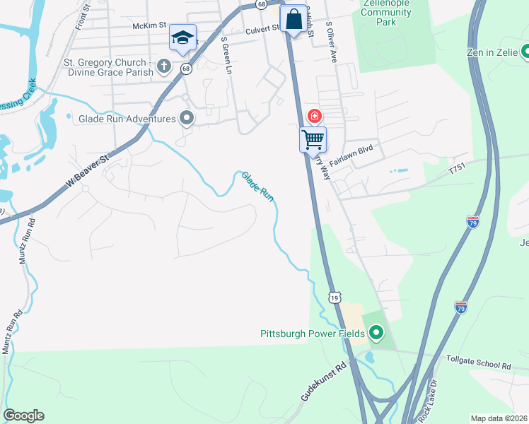 map of restaurants, bars, coffee shops, grocery stores, and more near 143 Oakdale Drive in Zelienople