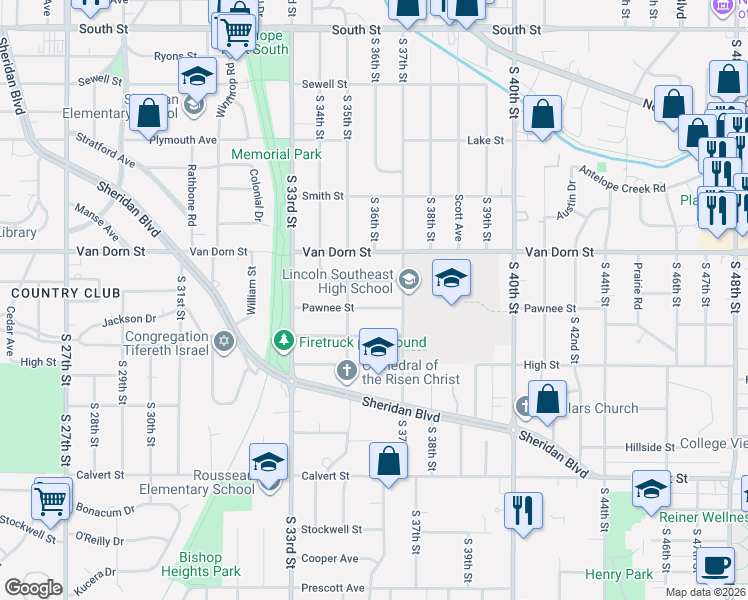map of restaurants, bars, coffee shops, grocery stores, and more near 3610 Otoe Street in Lincoln