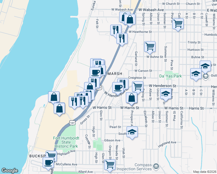map of restaurants, bars, coffee shops, grocery stores, and more near 2828 Fairfield Street in Eureka
