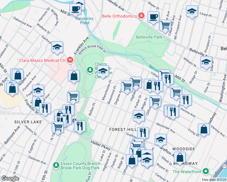 map of restaurants, bars, coffee shops, grocery stores, and more near 117 Beaumont Place in Newark