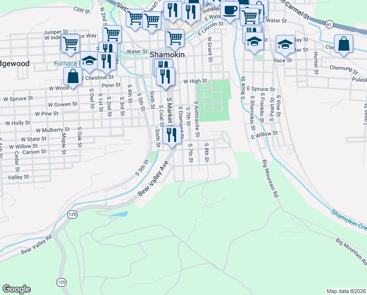 map of restaurants, bars, coffee shops, grocery stores, and more near 300-398 South 7th Street in Shamokin